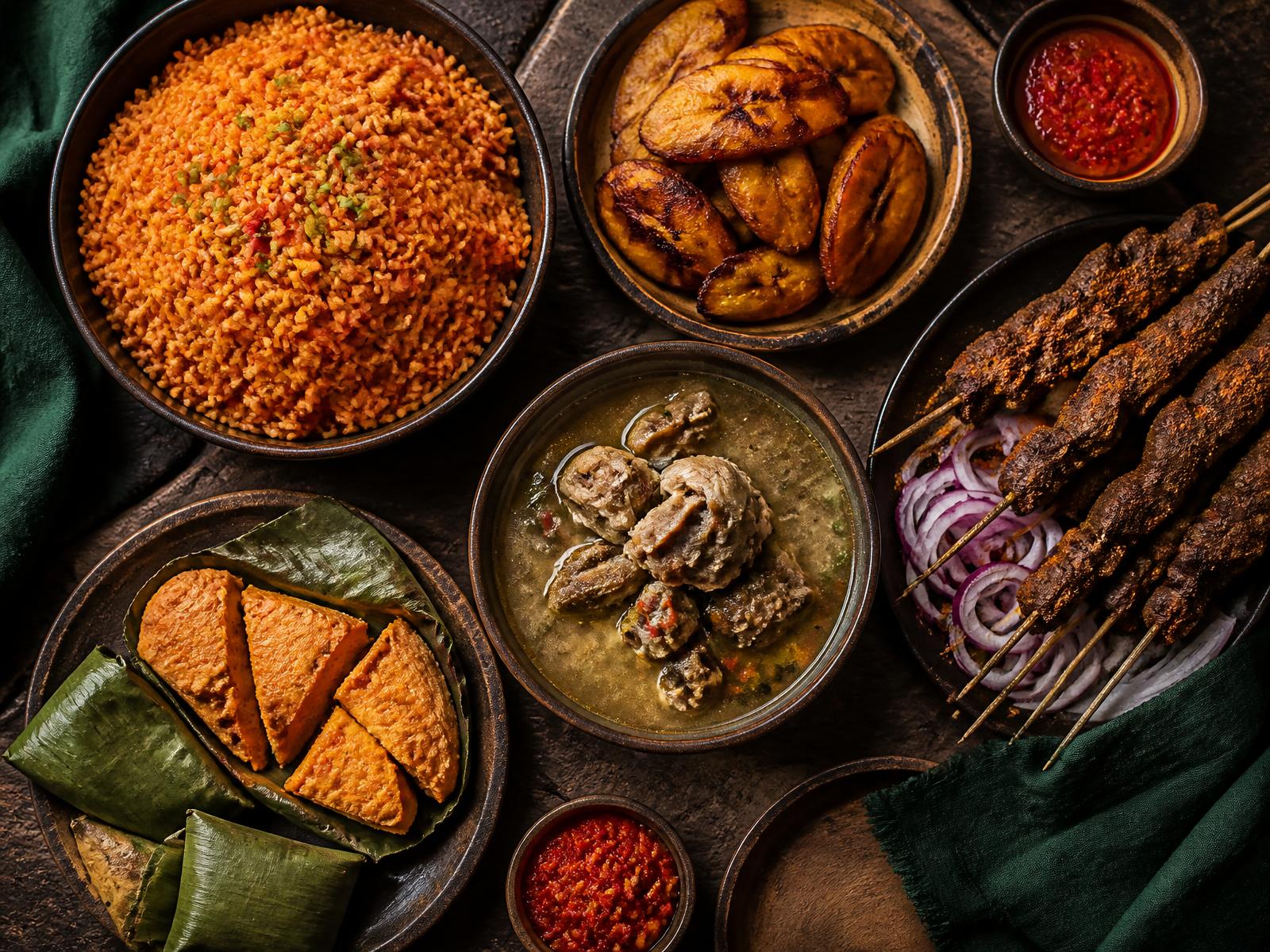 Nigerian food spread of jollof rice, suya skewers, fried plantain, moi moi and pepper soup